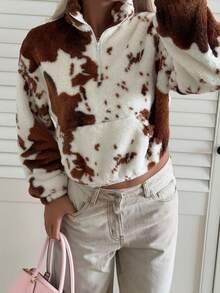 CovetEZ Women's Clothing Autumn And Winter Casual Coffee Brown Cow Print Fashion Home Stand Collar Zipper Polo Pocket Patch Pocket Long Sleeve Sweatshirt, Fall - Brown - View 5