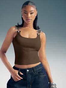 Denimoi Rib Knit Tank Top With Overall Hardware - Coffee Brown - View 1