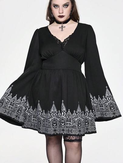 EDITION Plus Size Dark Castle Print Halloween Outfit Flare Sleeve Dress