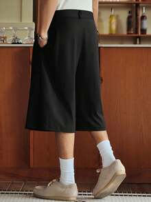 SWAVVY Men's Casual Loose Solid Color Woven 3/4 Pants, Everyday Wear - Black - View 7
