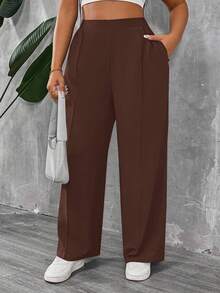 SHEIN PETITE CURVE Petite Plus Size Women's Solid Color Pleated Pants/Winter - Brown - View 4
