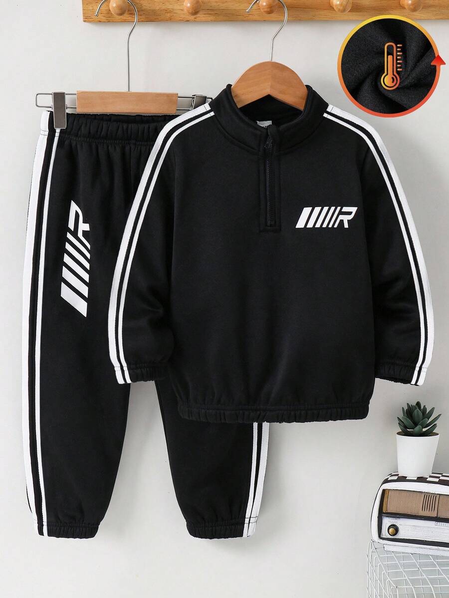 Set de 2 piese pentru copii, băieți, casual, versatil, confortabil, cu imprimeu imprimat, cu jumătate de fermoar, pulover cu mânecă lungă și pantaloni jogger lejeri, tricotați, potrivit pentru naveta, școală, sport, sport, primăvară/vară/toamnă/iarnă