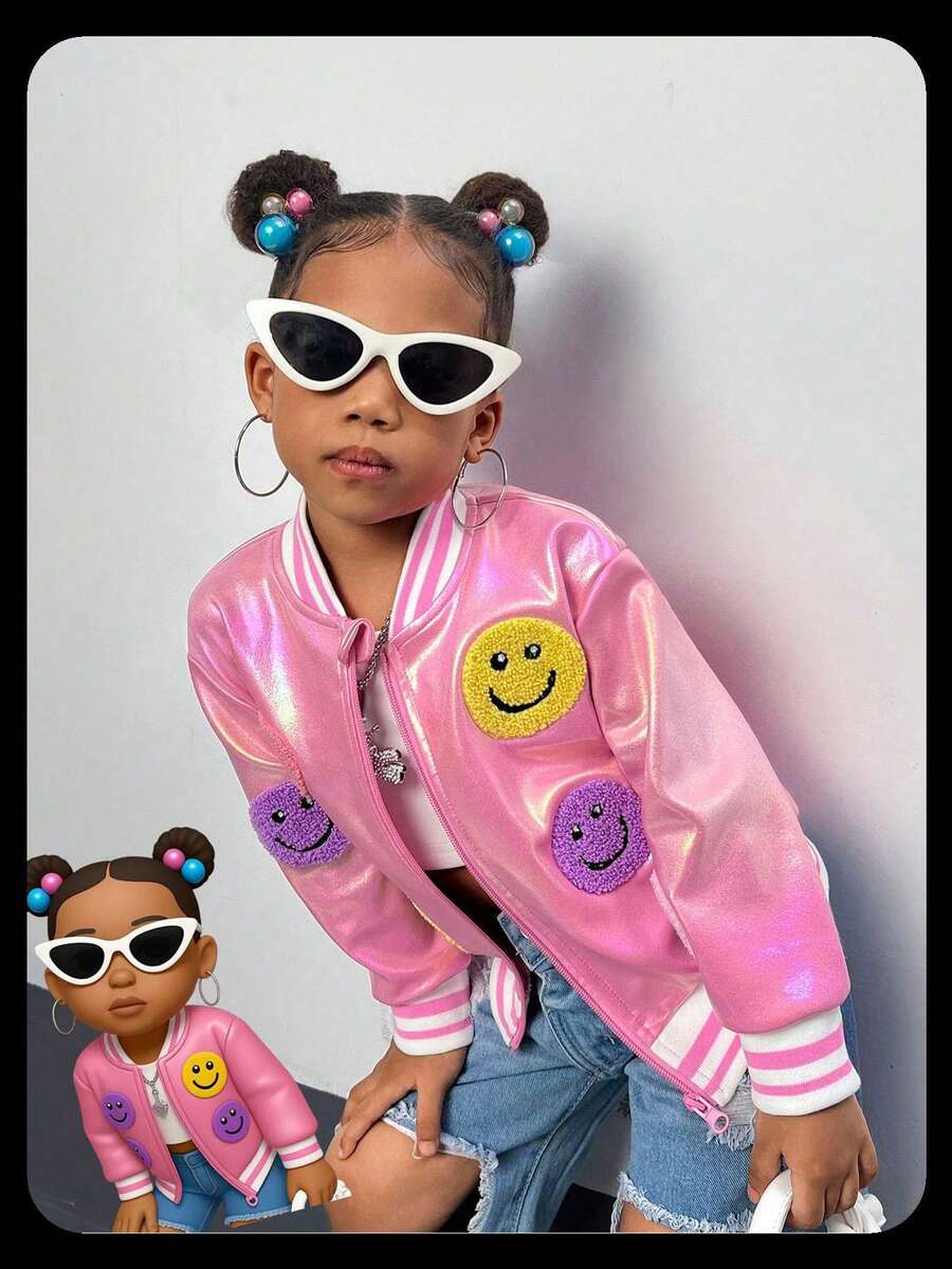 SHEIN Young Girls Vacation Vibrant 3D Towel Embroidered Smiling Face Baseball Jacket, Featuring Reflective Fabric For Fashionable Winter Outfit