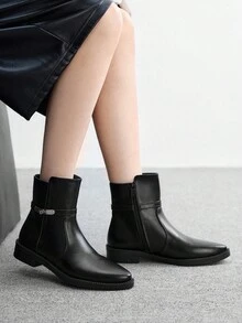 CUCCOO BIZCHIC Giày bốt cổ ngắn đi chơi ngoài trời dành cho nữ, Giày bốt màu đen đơn giản, thoải mái, đế dày, chống trượt, có khóa kéo bên hông, trang trí bằng kim loại, phù hợp cho dịp Giáng sinh và năm mới, không khí mùa thu/đông. - màu đen - Xem 3