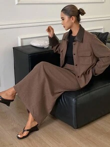 DAZY 女士休闲时尚街头风PU拼接翻盖口袋外套和半身裙两件套，秋季女士家居服套装 - 棕色 - 查看 6