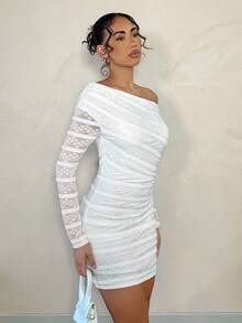 SHEIN BAE Váy ngắn tay dài ôm sát vai họa tiết ren trắng thanh lịch dành cho nữ, Váy Valentine, Trang phục đi nghỉ cho nữ, Váy mùa hè cho nữ, Trang phục hẹn hò cho nữ, Trang phục mùa xuân cho nữ - Màu be - Xem 4