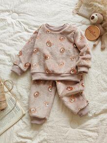 Vintaside Kids 2pcs Baby Boy Bear Head Plush Print Long Sleeve Sweatshirt Matched With Drawstring Pants Casual Outfit Fall Winter - Brown - View 1