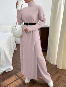 EURMUSE Ensemble robe pull longue et pantalon pull en tricot côtelé de couleur unie avec détail de fente pour femmes - Rose pâle - Voir 2