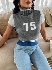 SHEIN SXY Femmes Top tricoté à col roulé sans manches avec motif numérique régulier, Tee-shirts grande taille, Hauts casual grande taille, Streetwear grande taille, Hauts grande taille pour femmes, Pulls grande taille Vêtements d'automne-hiver pour femmes - Gris foncé - Voir 6