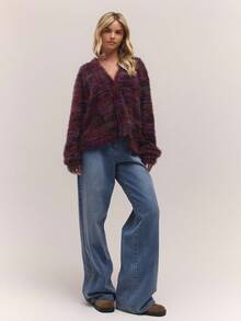 MUSERA Áo khoác cardigan dáng rộng, chất liệu dệt họa tiết, thích hợp mặc mùa xuân, phong cách Y2K thập niên 90, kẻ sọc, dệt kim, đi sân bay, đi nghỉ mát, áo len mùa đông, dự tiệc tối, thanh lịch. - Màu tím - Xem 4