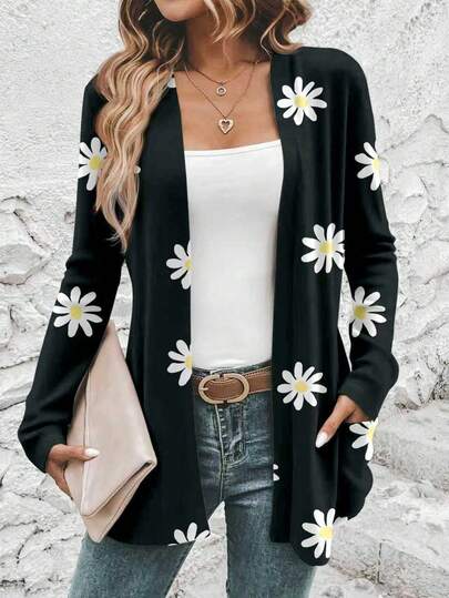 SHEIN LUNE Áo khoác cardigan mỏng họa tiết hoa giản dị dành cho nữ, dáng rộng, tay dài, thích hợp cho mùa thu/đông