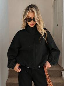 Easowa Áo sweatshirt ngắn tay nữ mùa thu cổ đứng, có khóa kéo, chất liệu vải kaki sần, có túi. Áo sweatshirt có khóa kéo dành cho nữ. - màu đen - Xem 3