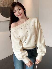 DAZY Beaded & Pearl Decor Oblique Shoulder Crop Tight Fit Long Sleeve Elegant Knit Sweater For Women, Autumn/Winter - Apricot - View 6