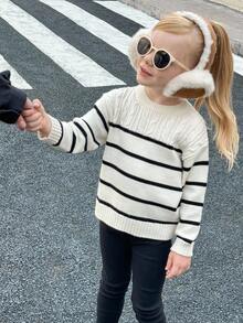 Young Girls Colorblock Striped Crew Neck Long Sleeve Sweater Fall Winter - Multicolor - View 1
