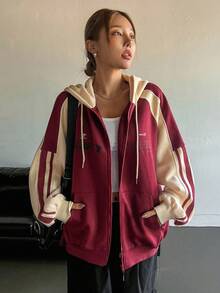 Dazy Star Letter Graphic Raglan Sleeve Zip Up Drawstring Hoodie,Long Sleeve Tops,Fall Clothes Sweatshirt Jacket - Burgundy - View 3