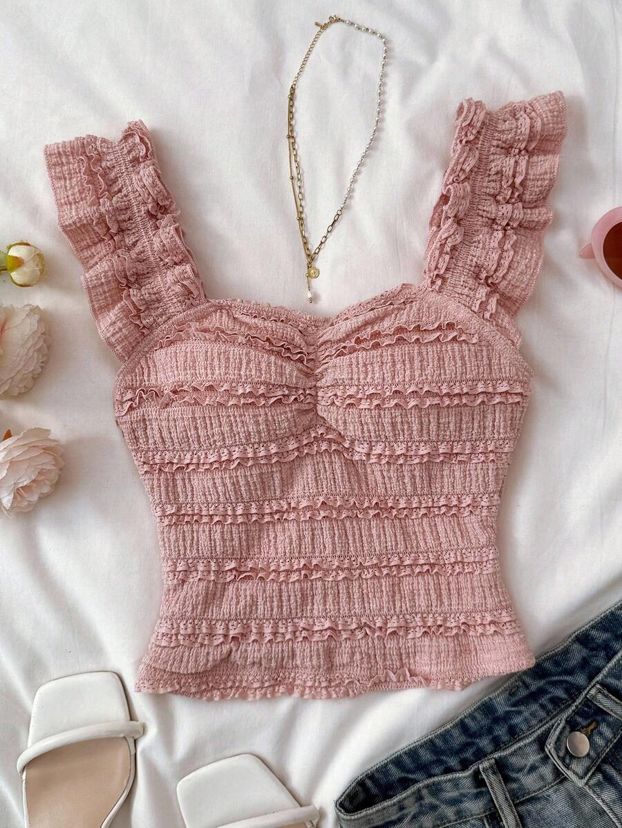 SHEIN 少女夏季粉色度假盖袖蕾丝衬衫，纹理修身蕾丝上衣，适合下午茶、海滩度假 - 粉色 - 查看 1