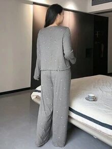 Dazy Plus Luźny komplet piżamowy dla kobiet w dużych rozmiarach, z kwiatowym wzorem i kieszeniami, z okrągłym dekoltem i spodniami, elegancka, codzienna bielizna nocna, ubrania na jesień i zimę, przytulny strój - Szary - Zobacz 2