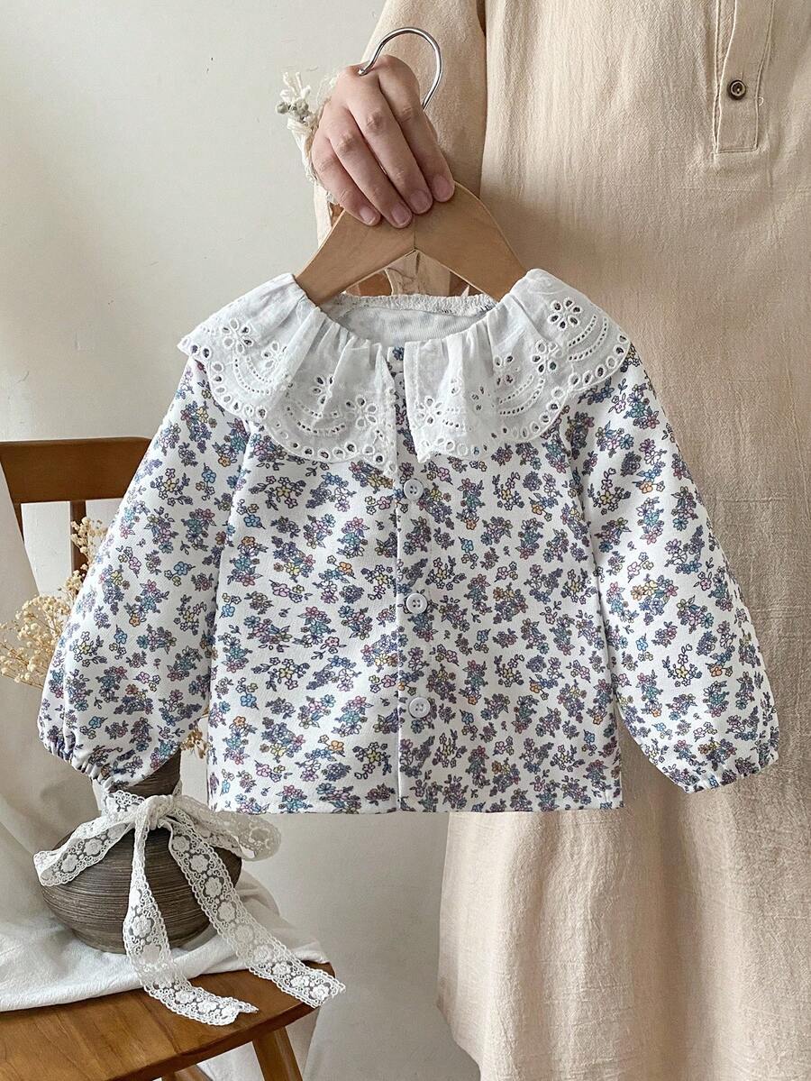 SHEIN 女婴花卉长袖衬衫,镂空蕾丝领,复古乡村风格上衣 - 杏色 - 查看 1