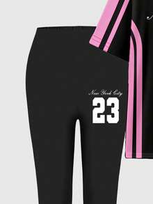SHEIN Women's Casual Fashion Creative Number 23 & Slogan Graphic Print Short Sleeve Top And Leggings Set 2 Pieces Set Women Y2k 2 Pieces Set 2 Pieces Casual Set Women Women 2 Pieces Outfit Set - Multicolor - View 5