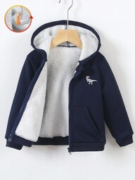 SHEIN Vacaura เสื้อสเวตเตอร์ผ้าฟลีซมีฮู้ด ซิปอัพ ปักลายไดโนเสาร์ ผ้าลายดอกไม้ เรขาคณิตลำลอง สำหรับเด็กผู้ชาย สวมใส่สบาย เรียบง่าย ฤดูใบไม้ร่วง/ฤดูหนาว