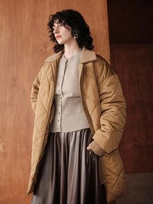 Uhlyne Uhlyne Autumn/Winter New Retro European Style Layered Color-Block Shirt Collar Diamond Plaid Padded Coat, Simple Versatile Loose Casual Padded Coat - Brown - View 8