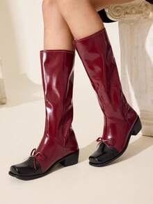CUCCOO CHICEST Giày bốt cao cổ đính nơ phong cách Châu Âu & Mỹ dành cho nữ - Màu Đỏ Sâu - Xem 4