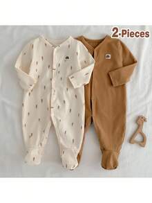 Loomiva Conjunto de 2 piezas de mono de punto suave con cuello redondo de manga larga con estampado floral para bebé recién nacido niña. Ropa de bebé de algodón neutra, unisex para otoño, ropa de bebé de bambú para invierno - Multicolor - Ver 1