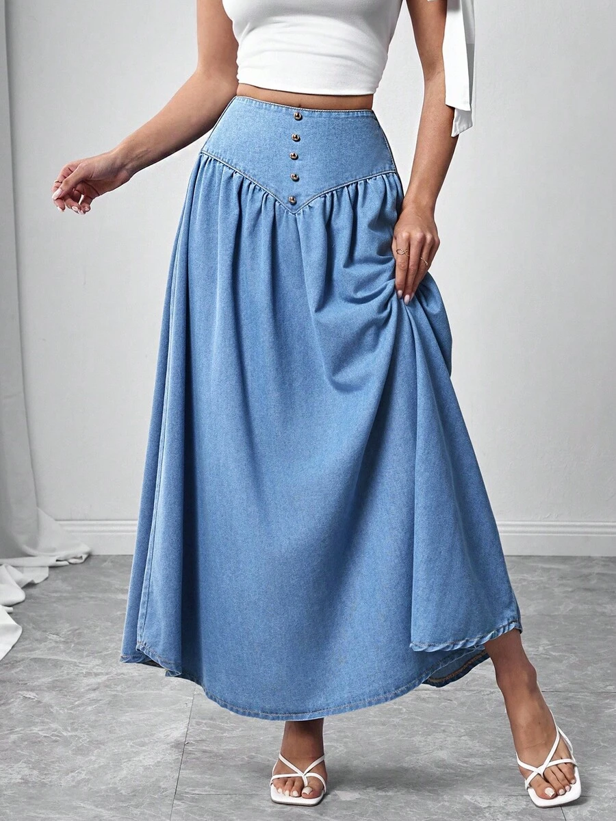 Elenzga 女式休闲高腰飘逸下摆加长牛仔裙 - 藍色 - 查看 1