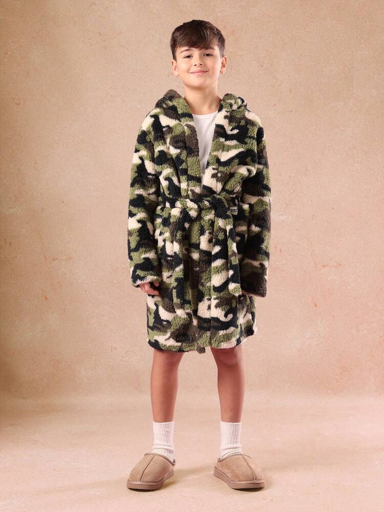 위장 무늬 플러시 플리스 후드 목욕가운