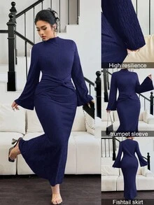 Cravure Đầm maxi dài tay bo gấu cổ cao màu đen thanh lịch cho nữ cỡ lớn, trang phục thu đông cho nữ - Màu xanh hải quân - Xem 8