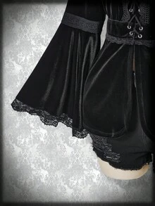 SHEIN ICON Blusa de terciopelo con mangas de volantes y ribete de encaje talla grande - Negro - Ver 6
