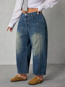 EMERY ROSE Plus Size Women Blue Loose Casual Jeans With Pockets And Belt Loops - Dusty Blue - View 4