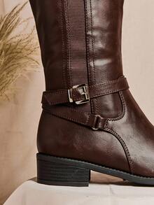 SHUZIA 女士时尚舒适拉链粗跟及膝马靴，带金属扣装饰 - 棕色 - 查看 6
