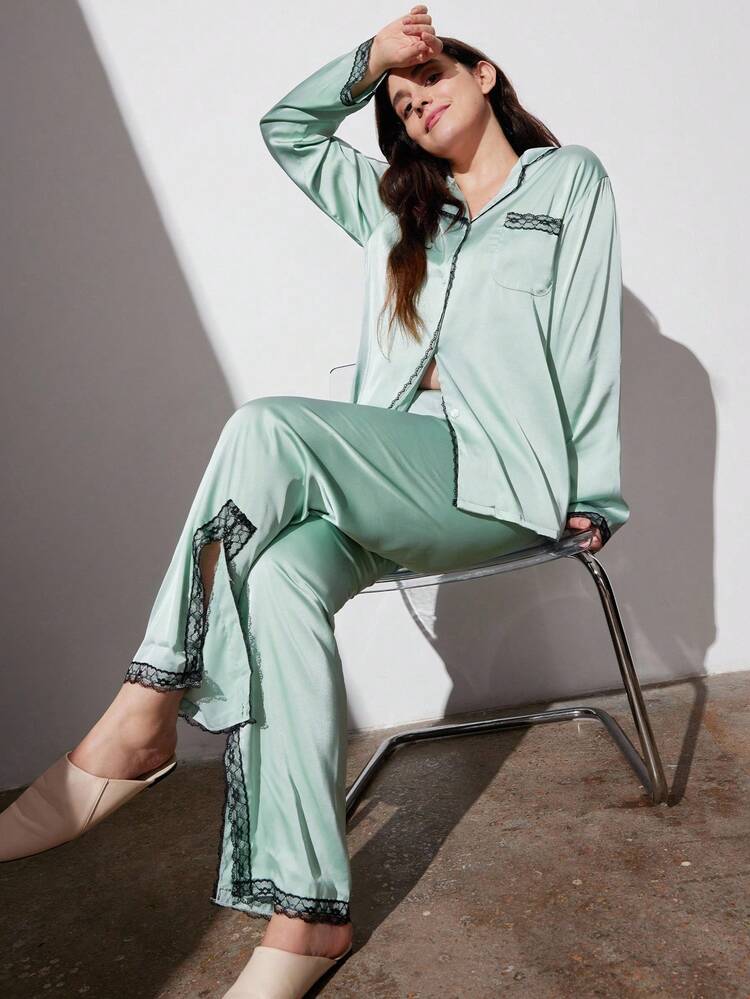 Conjunto de pijama largo de mujer con elegante adorno de encaje y satén, para uso en el hogar en otoño y primavera-verano