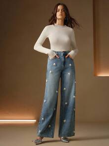 Anewsta Vintage Style Diamond Embellished Women's Straight Leg Blue Jeans - Blue - View 3