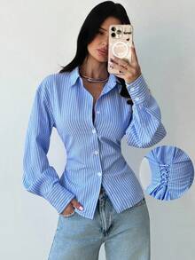 Firerie Women's Blue And White Striped Long Sleeve Shirt, Tie-Waist Shirt, Casual Commuter Shirt, Vacation Shirt, Cinched Waist Striped Shirt, Suitable For Spring, Summer, Autumn And Winter, Elegant, Vacation, Bohemian, Work Attire - Blue and White - View 1