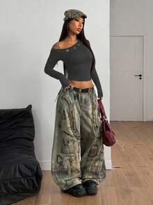 StreetHx Áo thun dài tay ôm sát khoét lỗ hở trang trí cho nữ, đầu thu - Màu xám đen - Xem 5