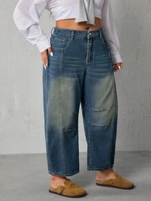 EMERY ROSE Plus Size Women Blue Loose Casual Jeans With Pockets And Belt Loops - Dusty Blue - View 5
