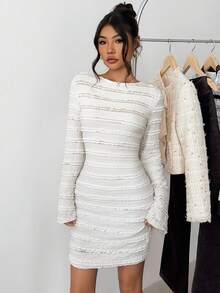 SHEIN 少女优雅简约舒适圆领喇叭袖中长连衣裙 - 白色 - 查看 4