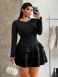 SHEIN EZwear 大码女式黑色休闲优雅荷叶边下摆连衣裙，秋季 - 黑色 - 查看 6