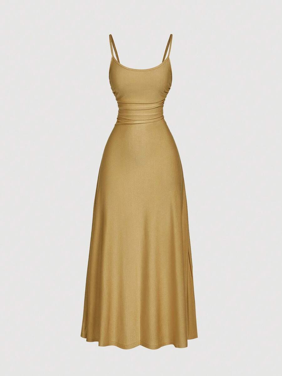 SHEIN MOD Váy suông màu trơn nhún eo loe viền dây mảnh cho nữ, Đầm bán trang trọng, Đầm dự tiệc trà thanh lịch, Trang phục du thuyền bồng bềnh cho nữ - Vàng - Xem 1