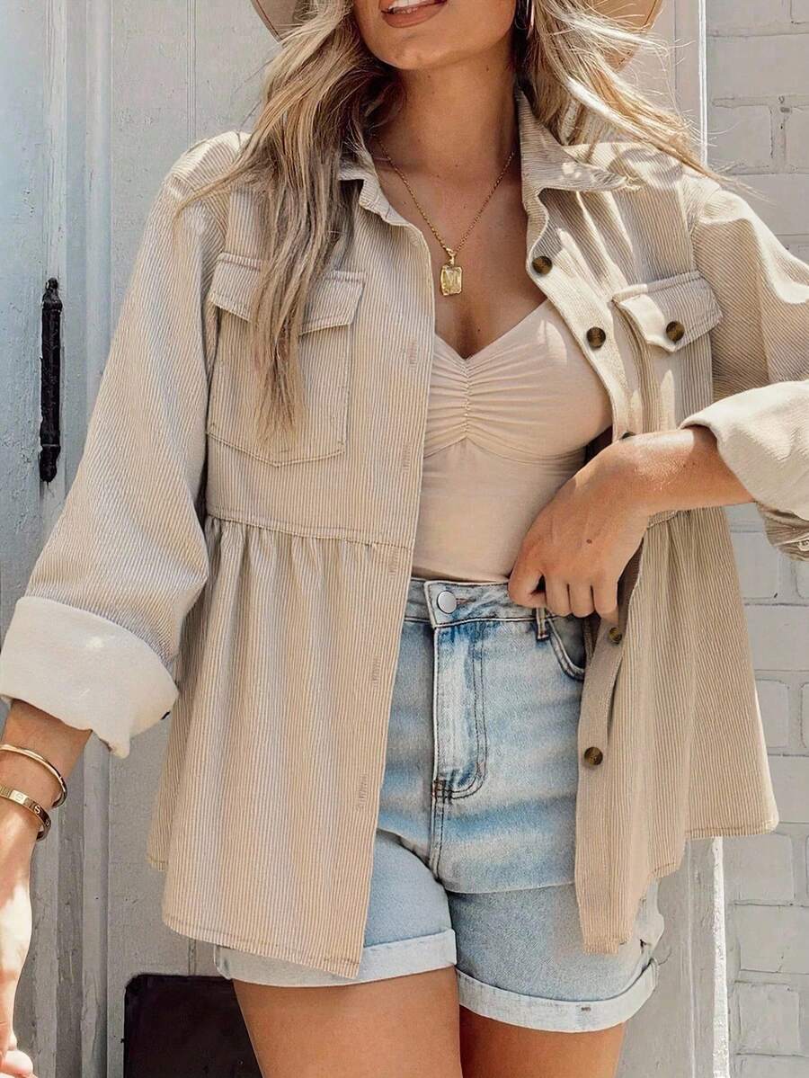 INAWLY 女式大码休闲纯色纽扣衬衫 - 卡其色 - 查看 1