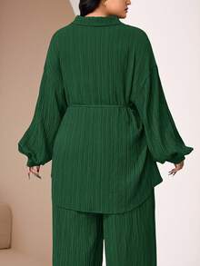 Veilorie 2pcs Plus Size Plain Front Button Long Sleeve Casual Blouse And Pants Set 2 Pieces Set - Green - View 4