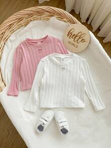 SHEIN 2件Babygirl可爱休闲纯色针织长袖上衣 - 彩色 - 查看 4