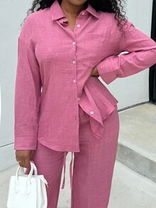 Alexandranx Women's 2 Pieces Outfit Summer Casual Suit Homewear Beach Vacation Apparel Long Pants + Long Sleeve Shirt Set, Brunch Outfit, Music Festival Dress, 2 Pieces Summer Set, Elegant Party Dress - Hot Pink - View 3