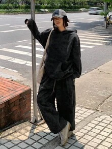 DAZY 2件套女士连帽休闲韩版卫衣和宽松运动裤套装，女士家居服套装 - 灰色 - 查看 6