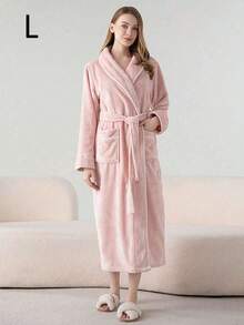 SHEIN 1PC Winter-Spring Thick Version Men's And Women's Bathrobe, Simple Long Style With Pockets, Suitable As Halloween/Valentine's Day Gifts,Thickened,Flannelette,Flannel - White Corduroy Robe - View 12