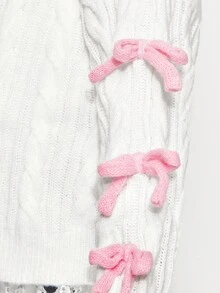 Radiana Tween Girl Knitted Textured Colorblock Bow Crew Neck Casual Pullover Sweater, Comfortable & Cute, Suitable For Everyday Wear - White - View 1