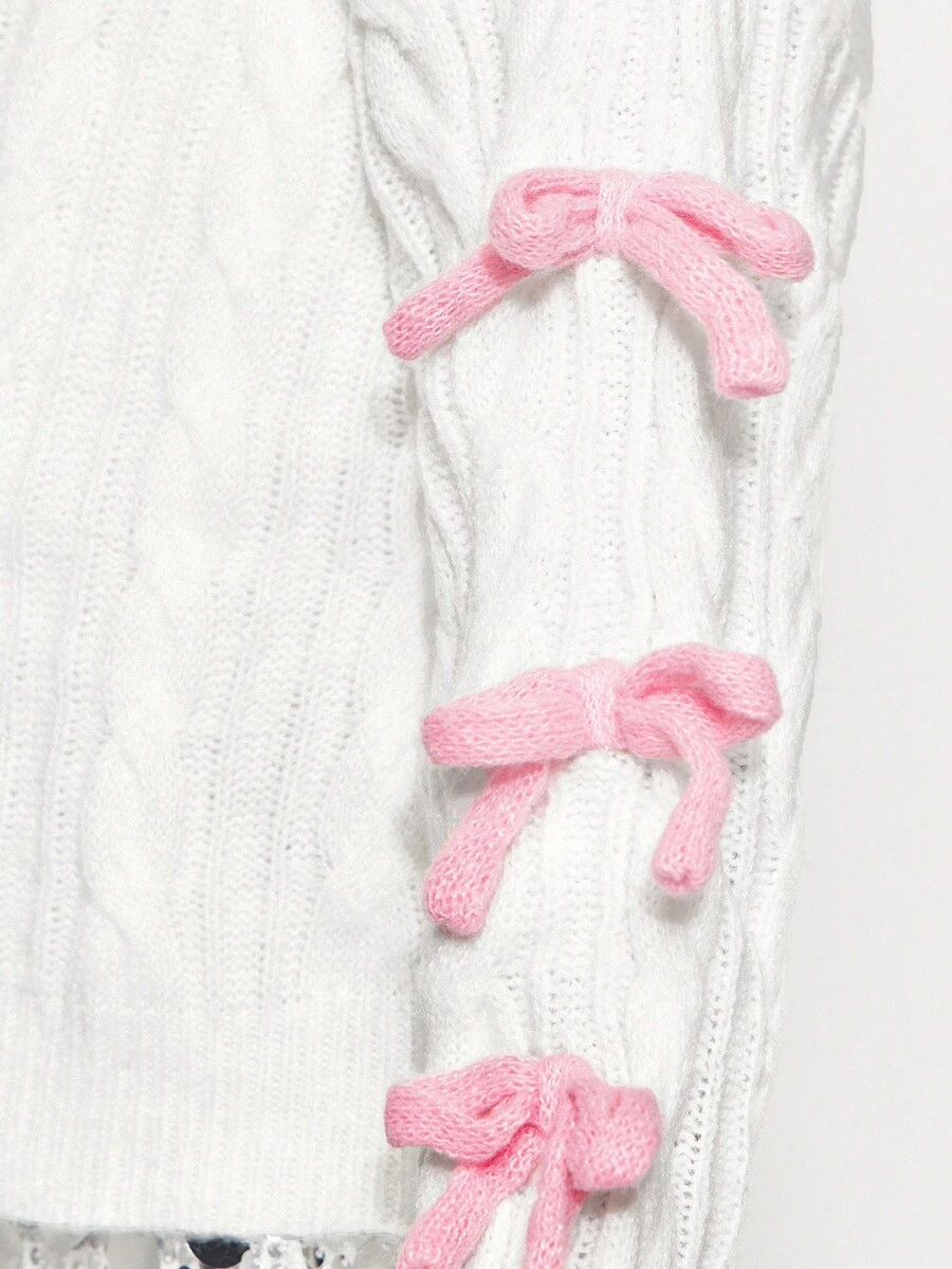 Radiana Tween Girl Knitted Textured Colorblock Bow Crew Neck Casual Pullover Sweater, Comfortable & Cute, Suitable For Everyday Wear - White - View 1