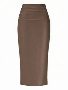 SHEIN LUNE Women's Solid Color Ruched Pu Leather Skirt - Chocolate Brown - View 6
